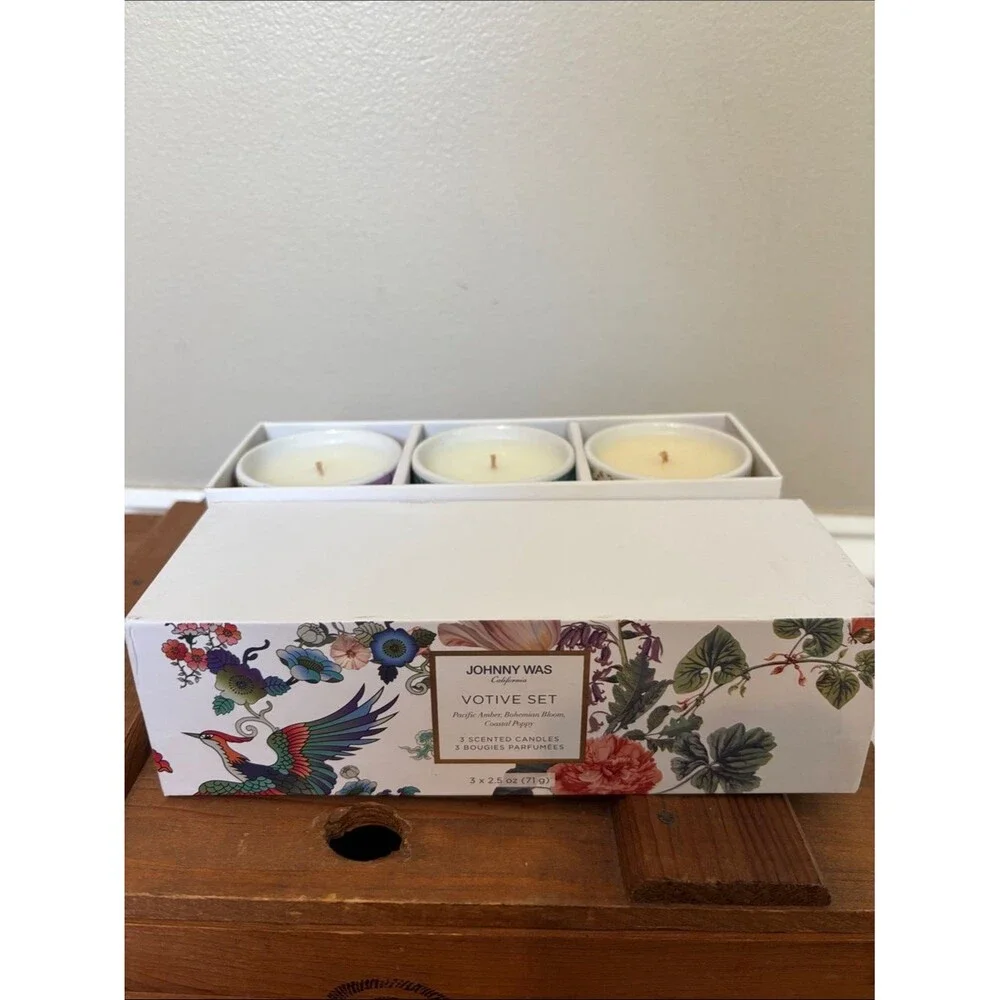 NEW Johnny Was Floral Votive Candle Trio - White with Botanical Box